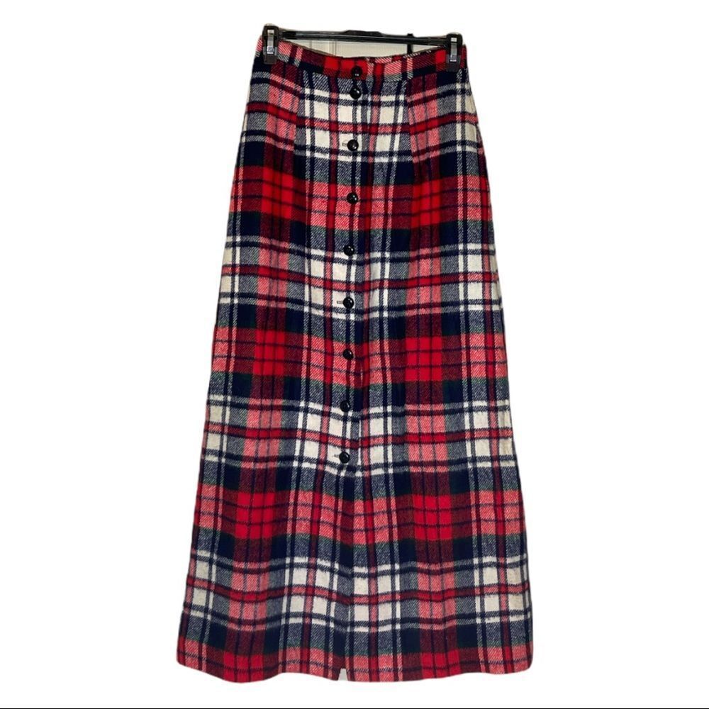Vintage 1960s or 1970s Handmade Plaid Wool Maxi Skirt Tiny Waist - Picture 2 of 14